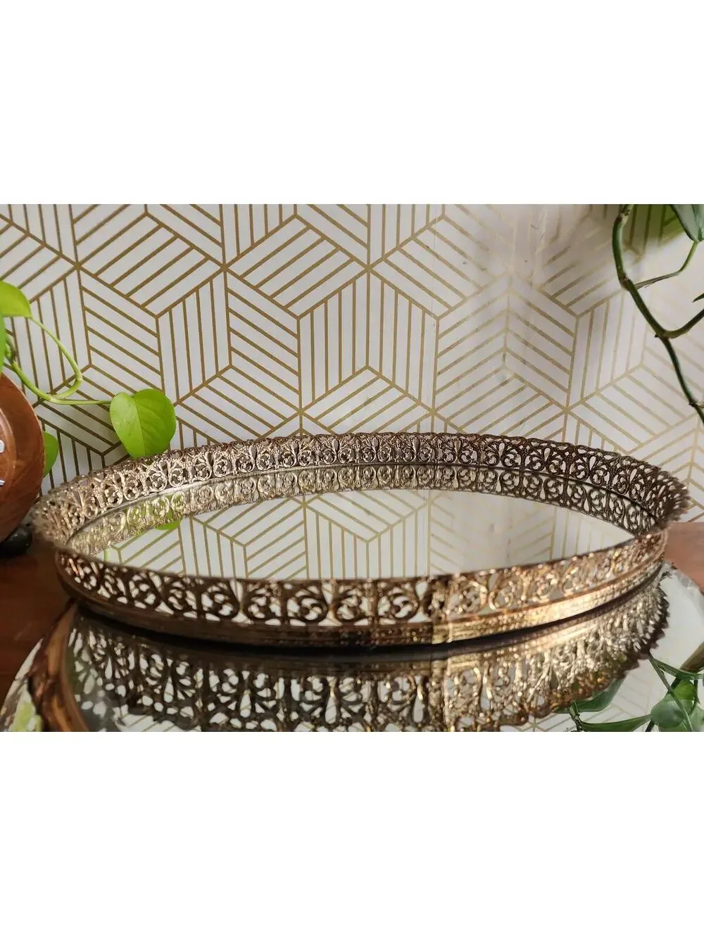 Large Hollywood Regency Style Brass Filigree & Glass Mirror Oval Vanity Tray